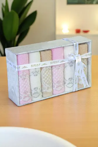 %100 Pamuklu, Hediyelik, Mevlüt ve Çeyizlik Lüks Kutulu Güpürlü 6'lı Havlu Seti - Renkli - 1