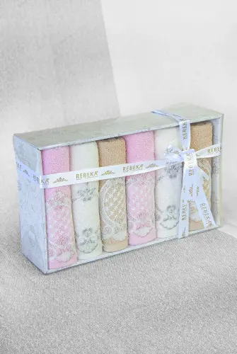 %100 Pamuklu, Hediyelik, Mevlüt ve Çeyizlik Lüks Kutulu Güpürlü 6'lı Havlu Seti - Renkli - 2