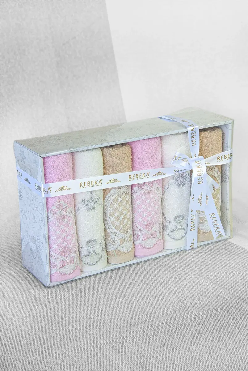 %100 Pamuklu, Hediyelik, Mevlüt ve Çeyizlik Lüks Kutulu Güpürlü 6'lı Havlu Seti - Renkli - 2