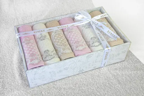 %100 Pamuklu, Hediyelik, Mevlüt ve Çeyizlik Lüks Kutulu Güpürlü 6'lı Havlu Seti - Renkli - 3