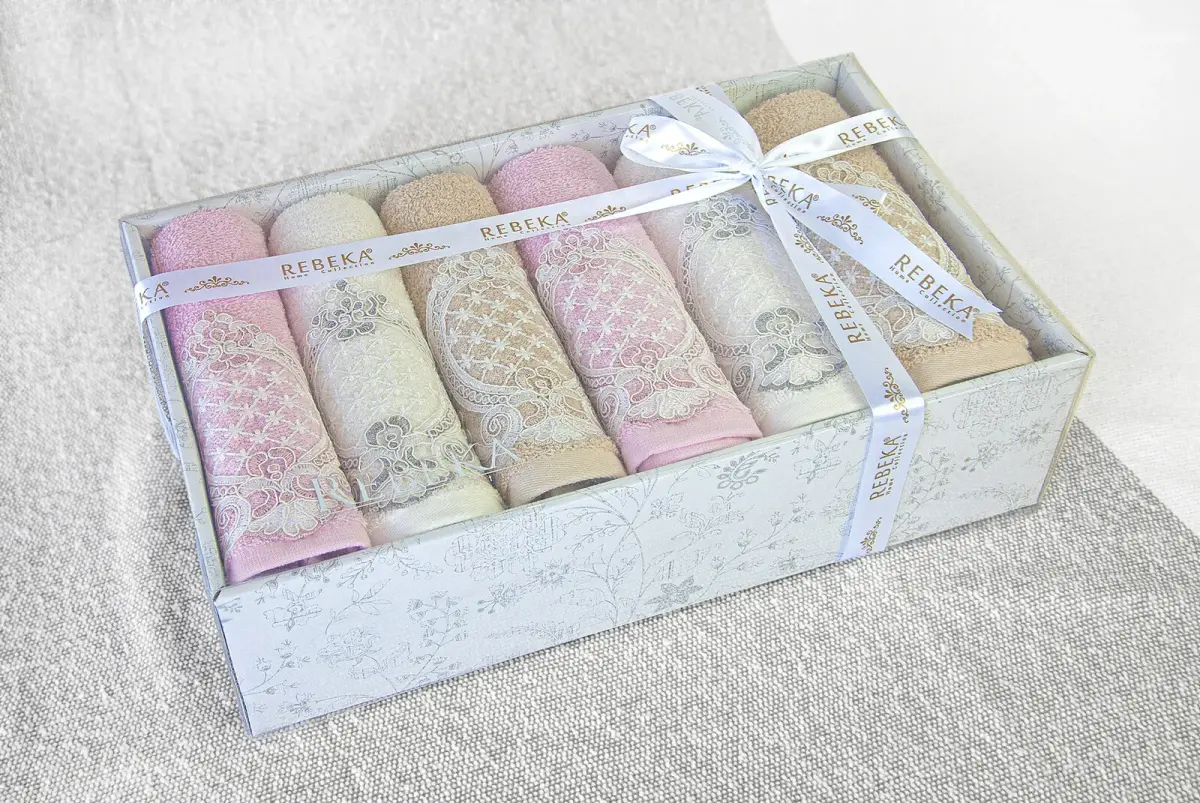 %100 Pamuklu, Hediyelik, Mevlüt ve Çeyizlik Lüks Kutulu Güpürlü 6'lı Havlu Seti - Renkli - 3