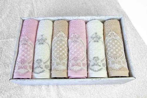 %100 Pamuklu, Hediyelik, Mevlüt ve Çeyizlik Lüks Kutulu Güpürlü 6'lı Havlu Seti - Renkli - 4
