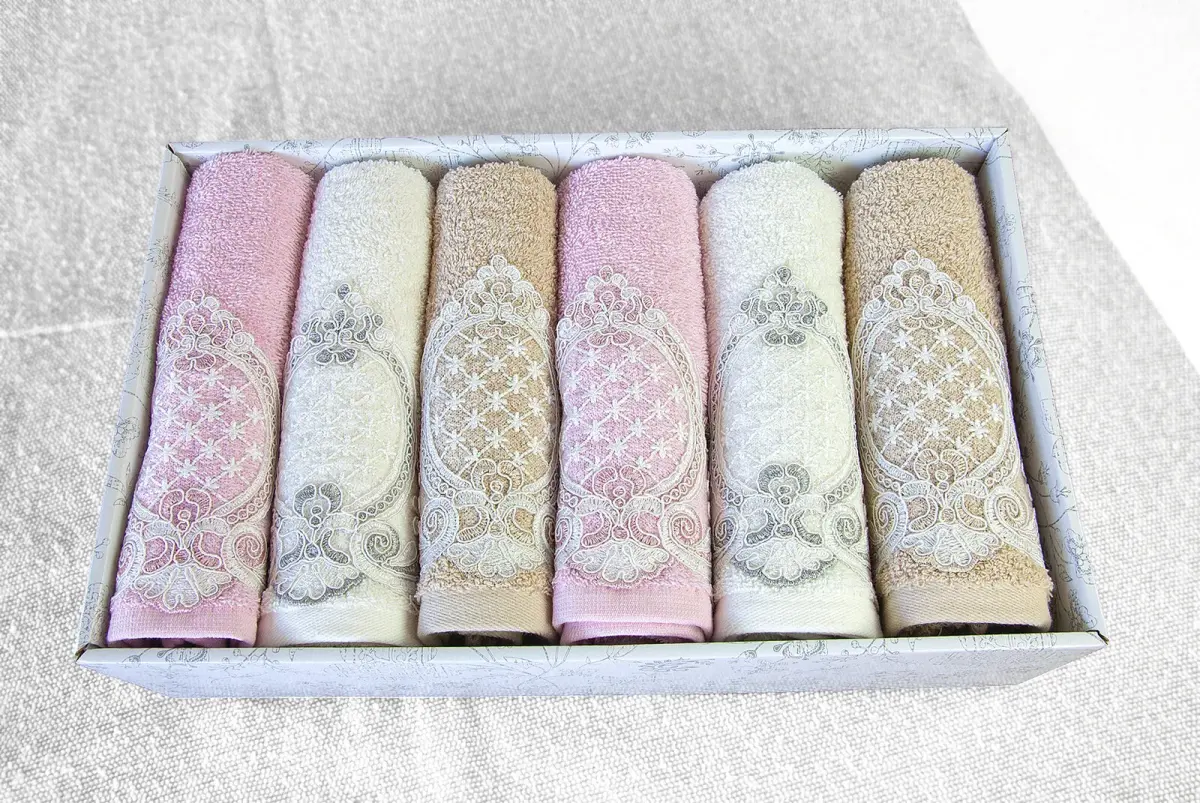 %100 Pamuklu, Hediyelik, Mevlüt ve Çeyizlik Lüks Kutulu Güpürlü 6'lı Havlu Seti - Renkli - 4