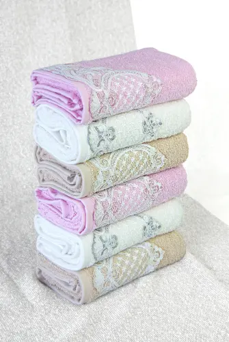 %100 Pamuklu, Hediyelik, Mevlüt ve Çeyizlik Lüks Kutulu Güpürlü 6'lı Havlu Seti - Renkli - 5