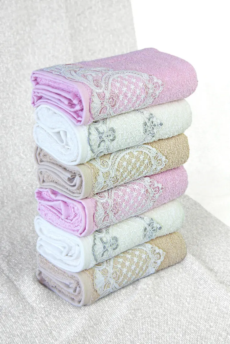 %100 Pamuklu, Hediyelik, Mevlüt ve Çeyizlik Lüks Kutulu Güpürlü 6'lı Havlu Seti - Renkli - 5