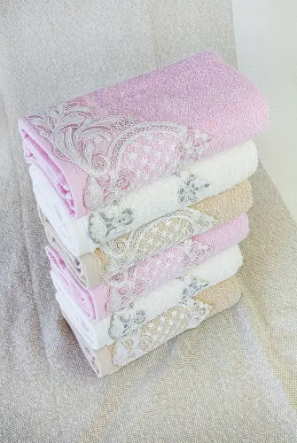 %100 Pamuklu, Hediyelik, Mevlüt ve Çeyizlik Lüks Kutulu Güpürlü 6'lı Havlu Seti - Renkli - 6