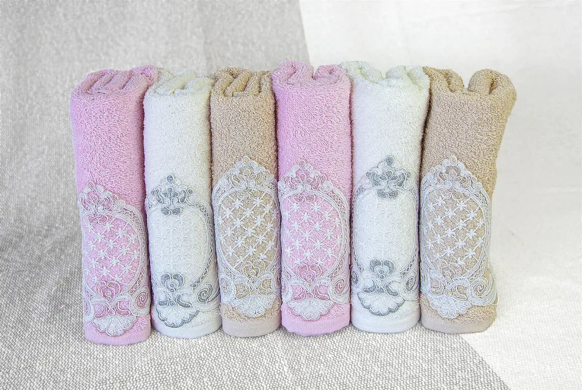 %100 Pamuklu, Hediyelik, Mevlüt ve Çeyizlik Lüks Kutulu Güpürlü 6'lı Havlu Seti - Renkli - 7