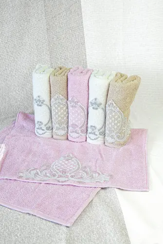 %100 Pamuklu, Hediyelik, Mevlüt ve Çeyizlik Lüks Kutulu Güpürlü 6'lı Havlu Seti - Renkli - 8