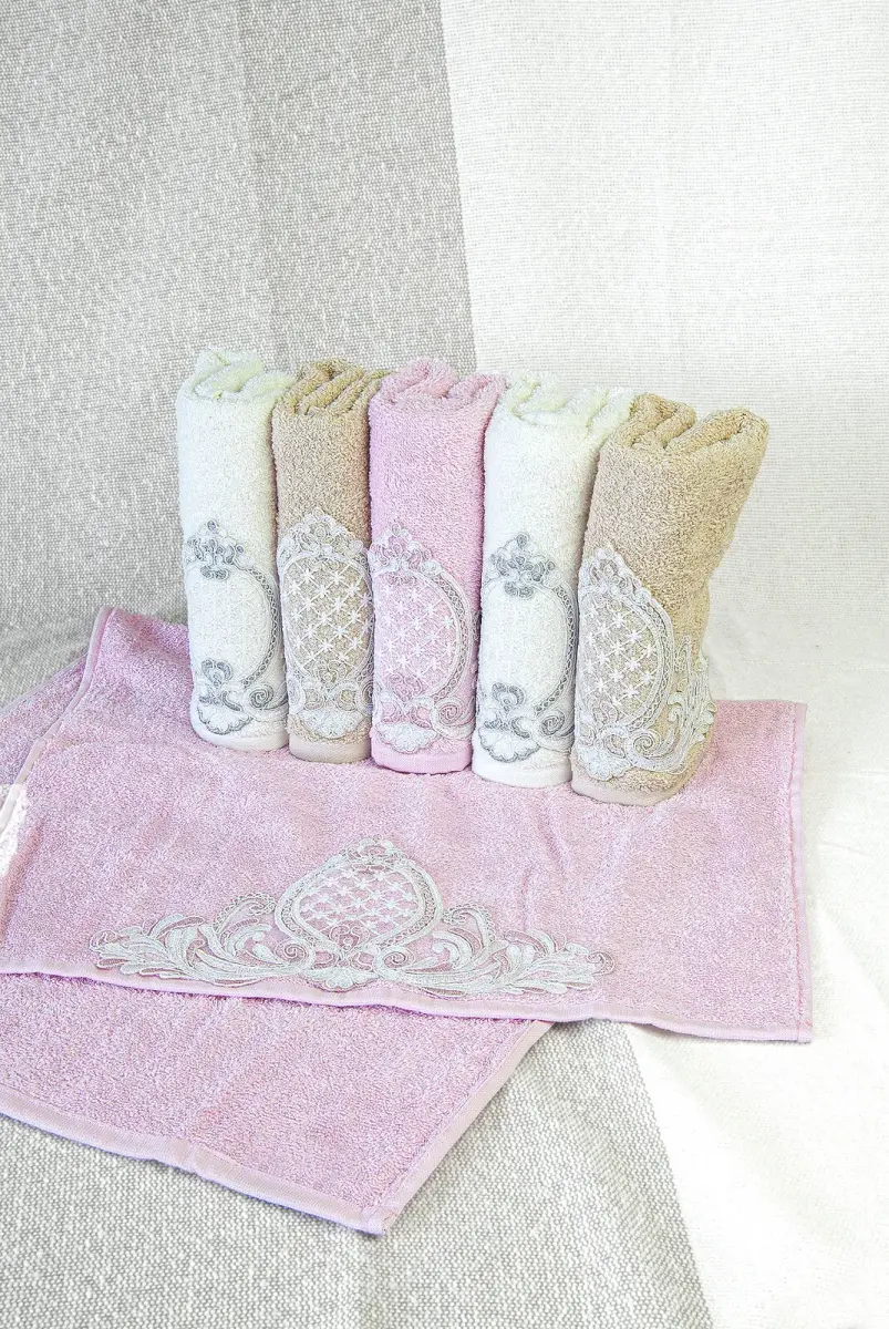 %100 Pamuklu, Hediyelik, Mevlüt ve Çeyizlik Lüks Kutulu Güpürlü 6'lı Havlu Seti - Renkli - 8