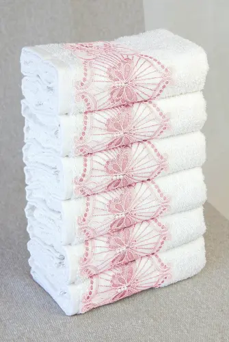 %100 Pamuklu, Hediyelik, Mevlüt ve Çeyizlik Lüks Kutulu Pembe Güpürlü 6'lı Havlu Seti - ihvanonline (1)