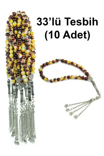 10 Adet 33lü Hac Umre Hediyelik Tesbih - Kahverengi Sarı 