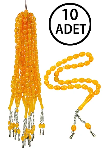 10 Adet 33'lü Plastik Tesbih Seti Dağıtmalık Hac Umre Mevlüt Hediyelik – Arpa Kesim – Sarı 