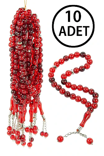 10 Adet 33'lü Plastik Tesbih Seti Dağıtmalık Hac Umre Mevlüt Hediyelik – 8 mm – Kırmızı 