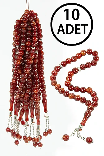 10 Adet 33'lü Plastik Tesbih Seti Dağıtmalık Hac Umre Mevlüt Hediyelik – 8 mm – Kırmızı Turuncu - 1