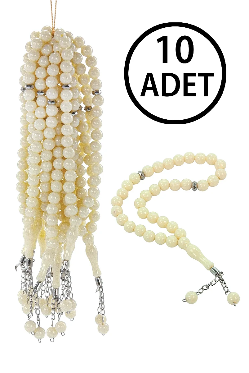 10 Adet 33'lü Plastik Tesbih Seti Dağıtmalık Hac Umre Mevlüt Hediyelik – 8 mm – Krem - 1