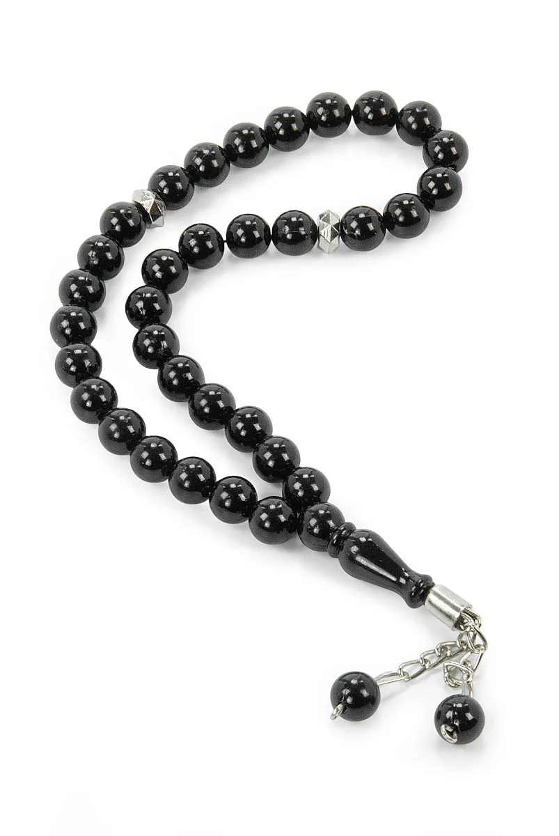 10 Adet 33'lü Plastik Tesbih Seti Dağıtmalık Hac Umre Mevlüt Hediyelik – 8 mm – Siyah – Gümüş Renk Ara Detaylı - 5