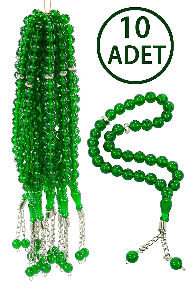 10 Adet 33'lü Plastik Tesbih Seti Dağıtmalık Hac Umre Mevlüt Hediyelik – 8 mm – Yeşil - 1