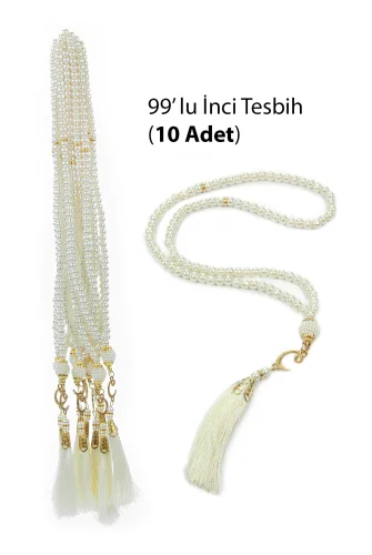 10 Adet 99 lu İnci Tesbih, Püsküllü, Vav Harfli, Mevlüt Hac Umre Hediyelik - Beyaz 