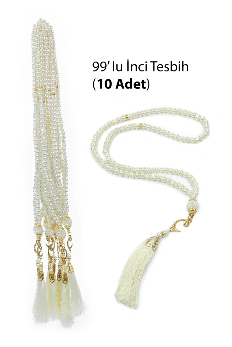 10 Adet 99 lu İnci Tesbih, Püsküllü, Vav Harfli, Mevlüt Hac Umre Hediyelik - Beyaz - 1