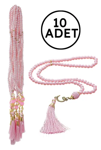 10 Adet 99 lu İnci Tesbih, Püsküllü, Vav Harfli, Mevlüt Hac Umre Hediyelik - Pembe - 1
