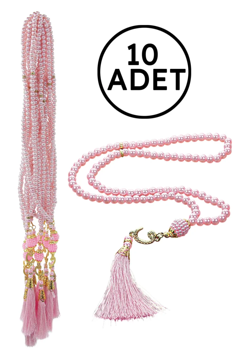 10 Adet 99 lu İnci Tesbih, Püsküllü, Vav Harfli, Mevlüt Hac Umre Hediyelik - Pembe - 1