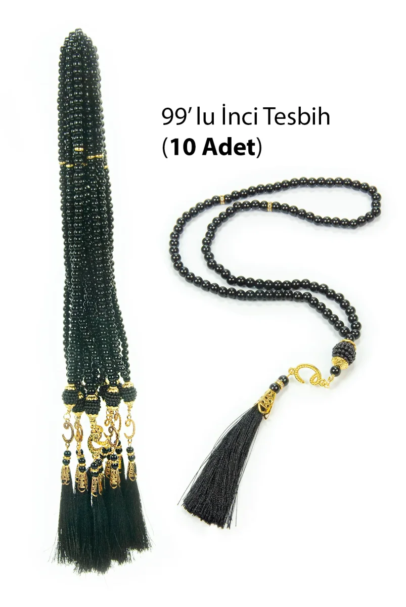 10 Adet 99 lu İnci Tesbih, Püsküllü, Vav Harfli, Mevlüt Hac Umre Hediyelik - Siyah - 1