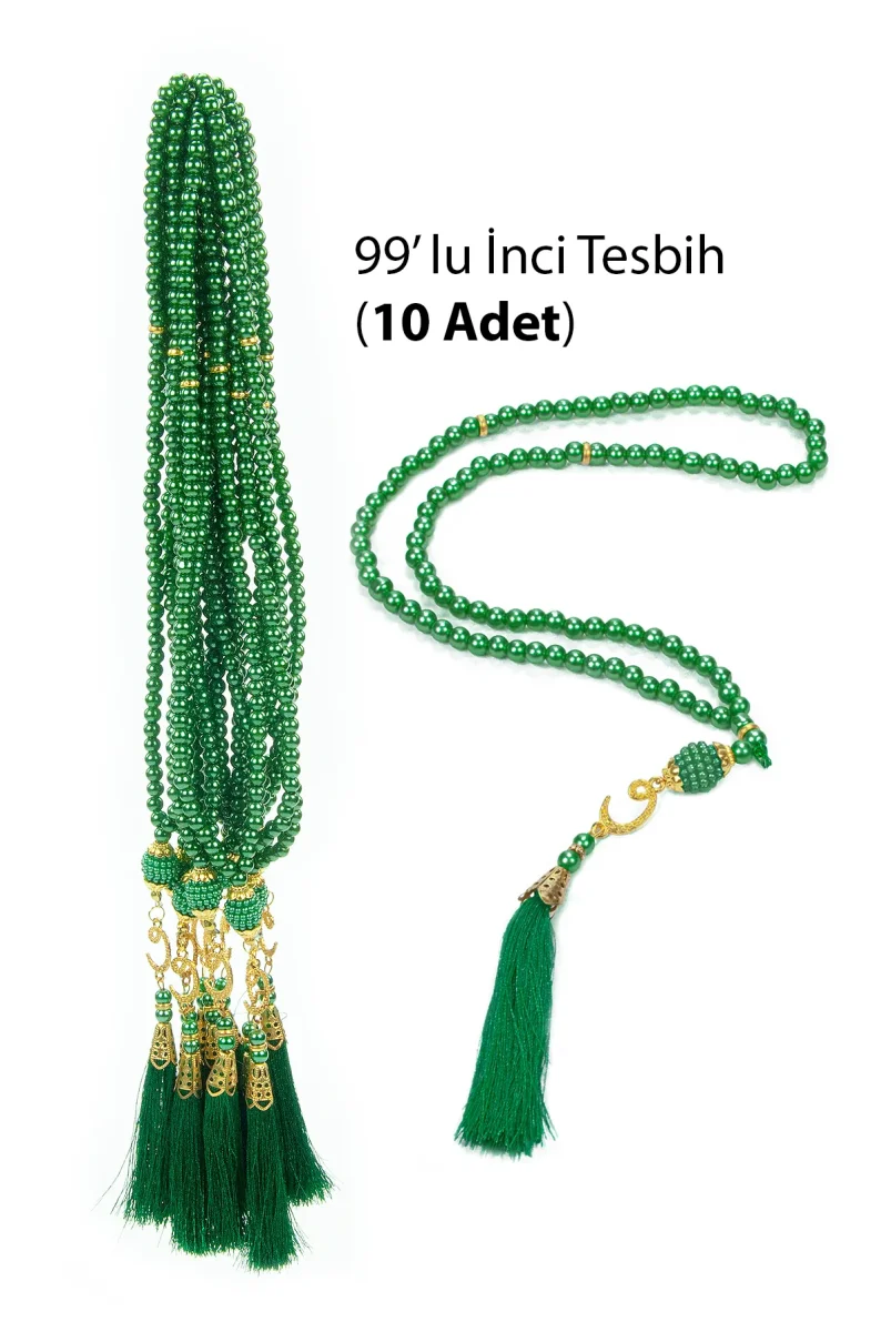 10 Adet 99 lu İnci Tesbih, Püsküllü, Vav Harfli, Mevlüt Hac Umre Hediyelik - Yeşil - 1