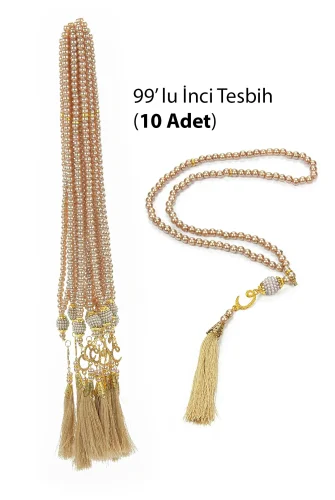 10 Adet 99 lu İnci Tesbih, Püsküllü, Vav Harfli, Mevlüt Hac Umre Hediyelik - Gold 