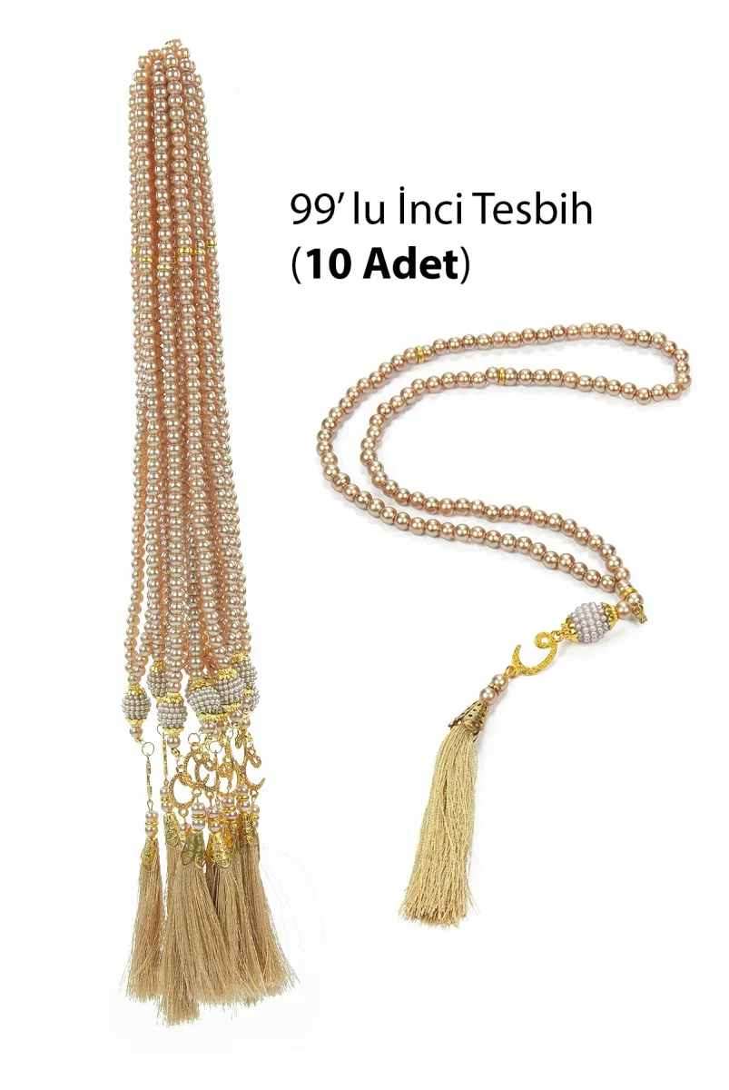 10 Adet 99 lu İnci Tesbih, Püsküllü, Vav Harfli, Mevlüt Hac Umre Hediyelik - Gold - 1