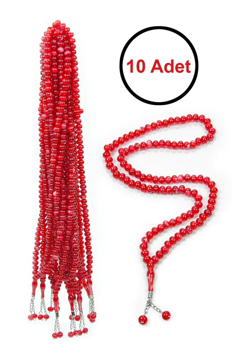 10 Adet 99lu Namaz Tesbihi 10mm Hac Umre Hediyelik - Kırmızı - 1