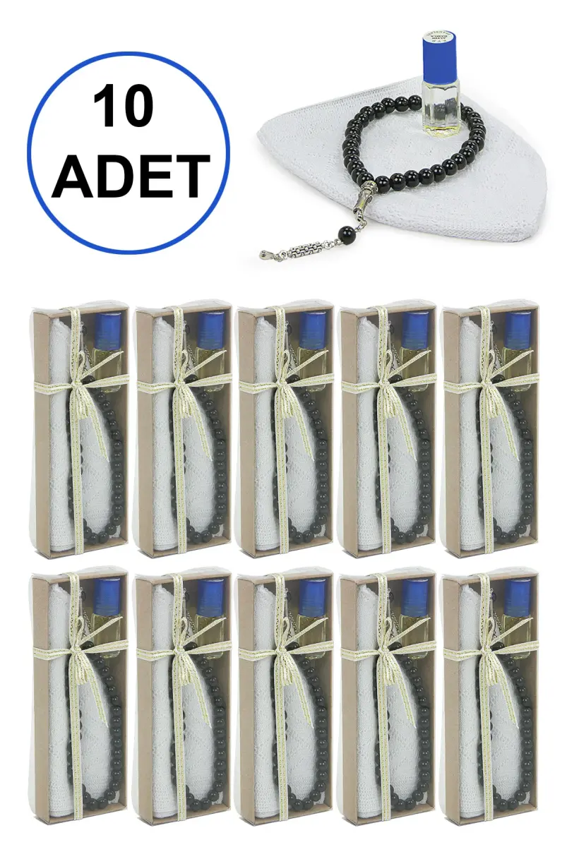 10 Adet Esanslı Tesbihli Namaz Takkesi Erkek Hac Umre Mevlüt Hediyelik Set - 1