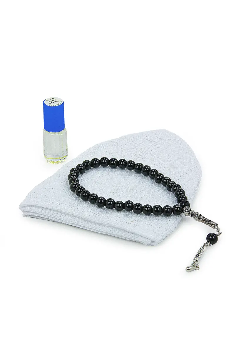 10 Adet Esanslı Tesbihli Namaz Takkesi Erkek Hac Umre Mevlüt Hediyelik Set - 6