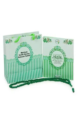 10 Adet Hediyelik 3'lü Mevlüt Seti İsme Özel Etiketli Çantalı Tesbihli, 80 Sayfa Yasin Kitabı - Yeşil 