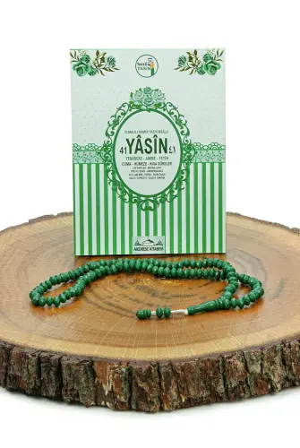 10 Adet Hediyelik 3'lü Mevlüt Seti İsme Özel Etiketli Çantalı Tesbihli, 80 Sayfa Yasin Kitabı - Yeşil - 3