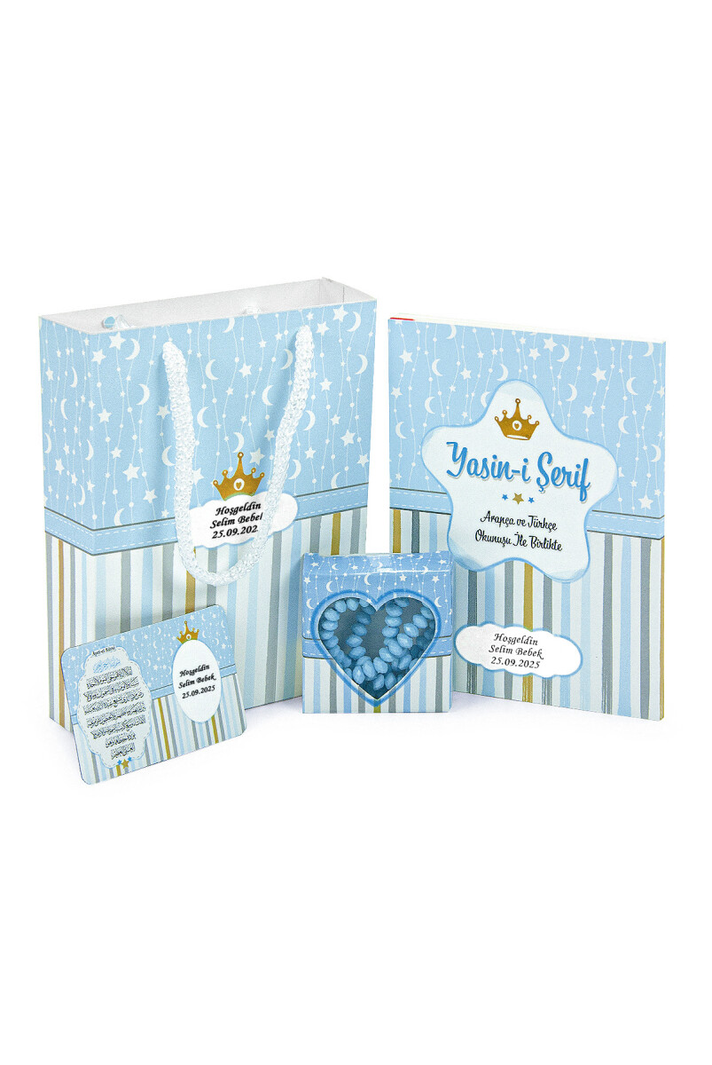 10 Adet Hediyelik 4'lü Mevlüt Seti - İsme Özel Etiketli - Çanta, Tesbih, Magnet, Yasin Kitabı - Mavi - 1