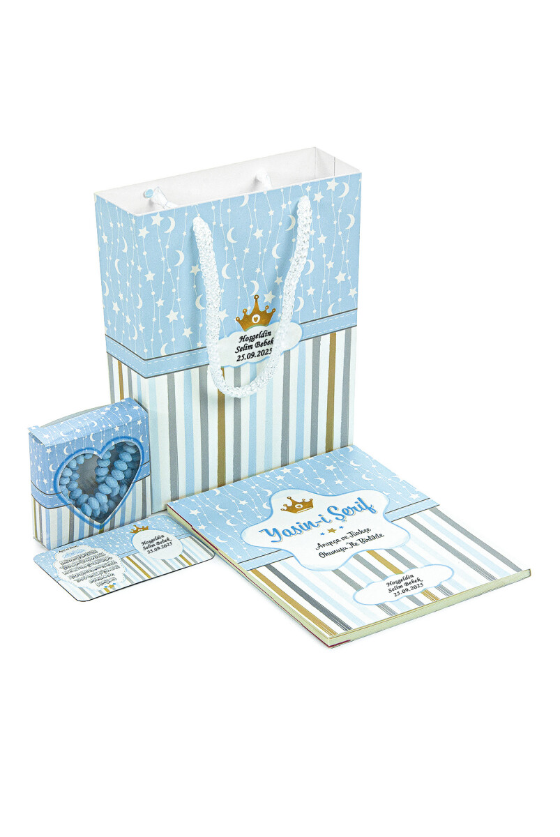 10 Adet Hediyelik 4'lü Mevlüt Seti - İsme Özel Etiketli - Çanta, Tesbih, Magnet, Yasin Kitabı - Mavi - 2