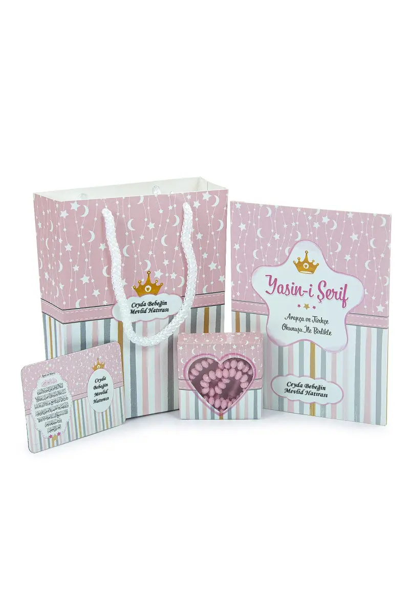 10 Adet Hediyelik 4'lü Mevlüt Seti - İsme Özel Etiketli - Çanta, Tesbih, Magnet Yasin Kitabı - Pembe - 1