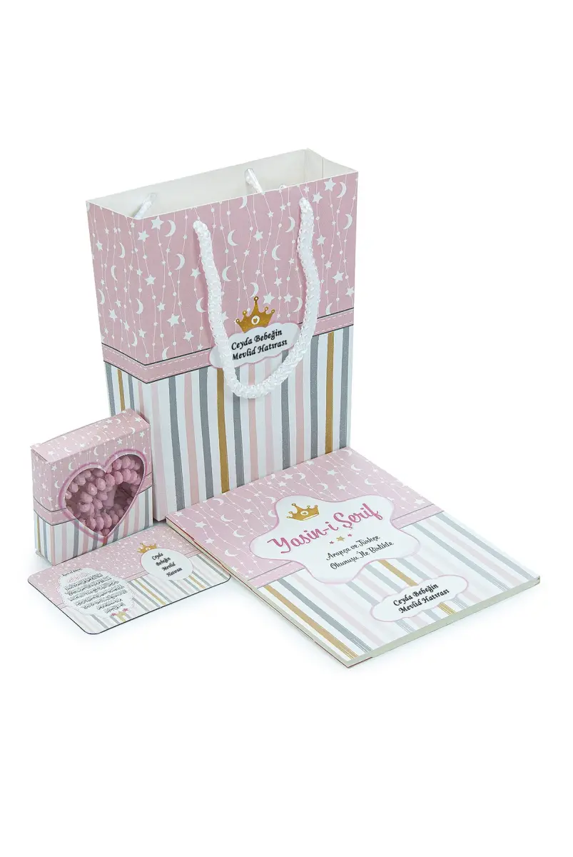 10 Adet Hediyelik 4'lü Mevlüt Seti - İsme Özel Etiketli - Çanta, Tesbih, Magnet Yasin Kitabı - Pembe - 2