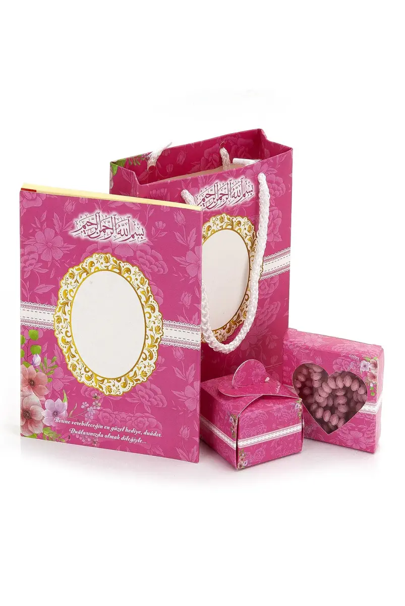 10 Adet Hediyelik 4'lü Mevlüt Seti İsme Özel Etiketli Çantalı, Tesbihli, Yasin Kitabı - Pembe - 1