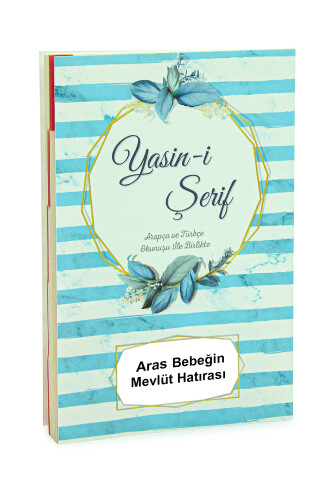 10 Adet Hediyelik 5'li Mevlüt Seti İsme Özel Çantalı Tesbihli Yasin Kitabı - Mavi - 4