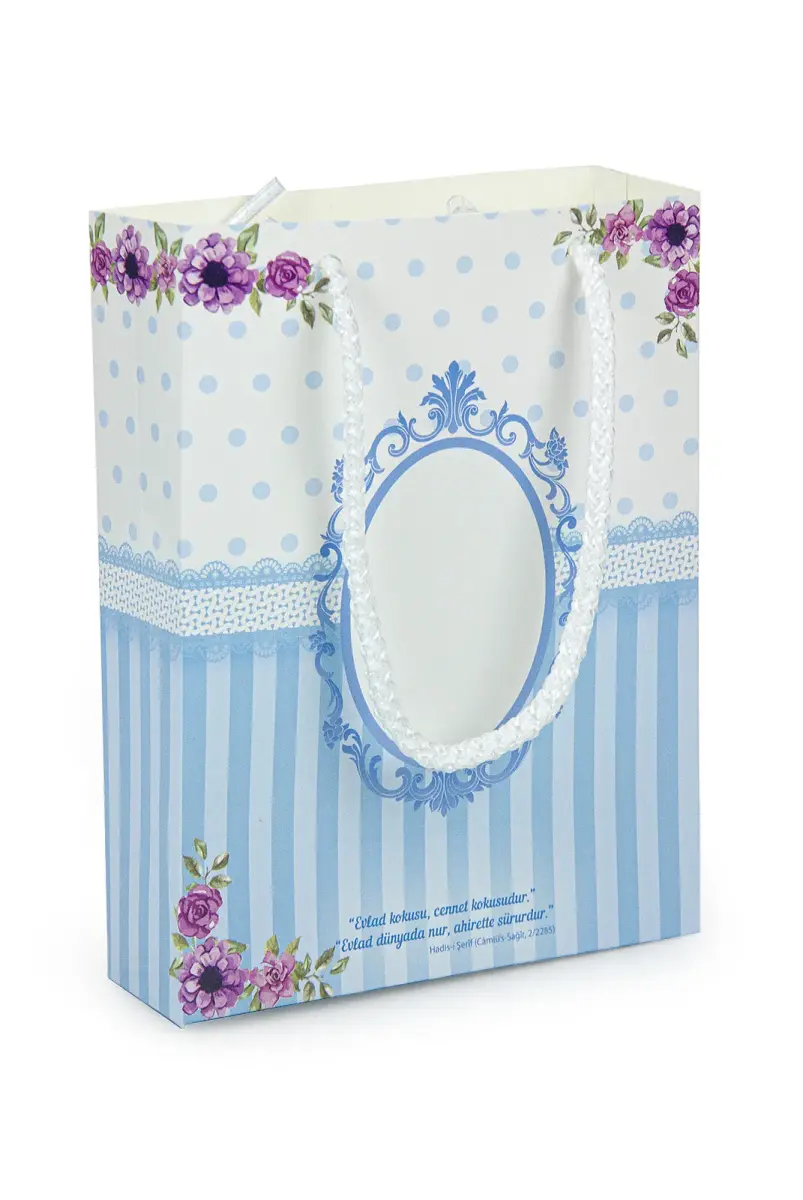 10 Adet Hediyelik 5'li Mevlüt Seti İsme Özel Etiketli Çantalı Tesbihli, Magnetli, Yasin Kitabı - Mavi - 3