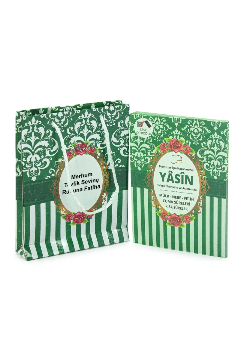 10 Adet Hediyelik Mevlüt Seti İsme Özel Etiketli Çantalı 80 Sayfa Yasin Kitabı - Yeşil - 1