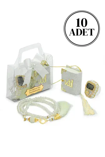 10 Adet İsme Özel Çantalı Mevlüt Hediyelik - Zikirmatik Tesbih Mini Kuranı Kerim Seti - Beyaz 