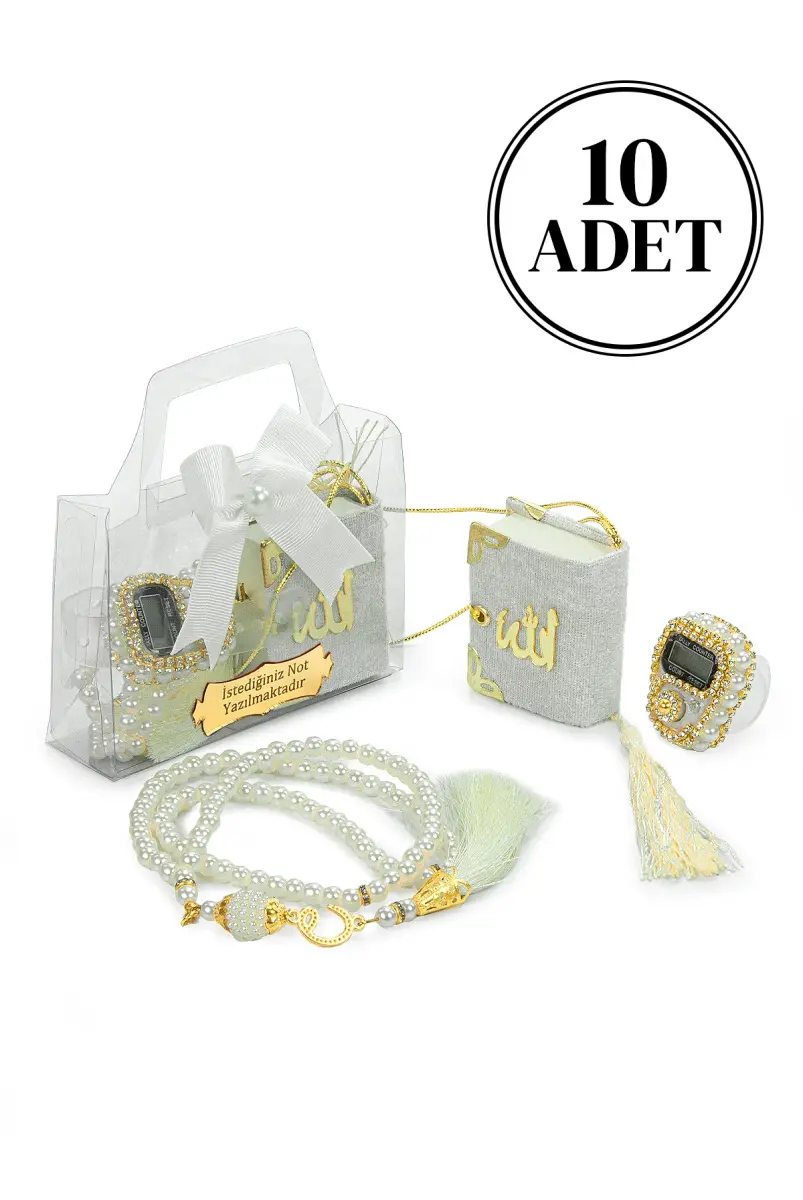 10 Adet İsme Özel Çantalı Mevlüt Hediyelik - Zikirmatik Tesbih Mini Kuranı Kerim Seti - Beyaz - 1