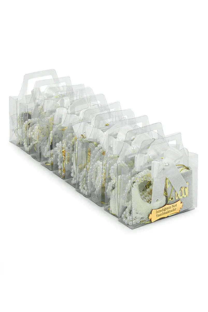 10 Adet İsme Özel Çantalı Mevlüt Hediyelik - Zikirmatik Tesbih Mini Kuranı Kerim Seti - Beyaz - 5