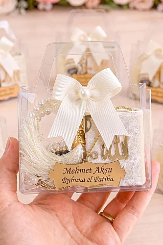 10 Adet İsme Özel Çantalı Mevlüt Hediyelik - Zikirmatik Tesbih Mini Kuranı Kerim Seti - Beyaz 