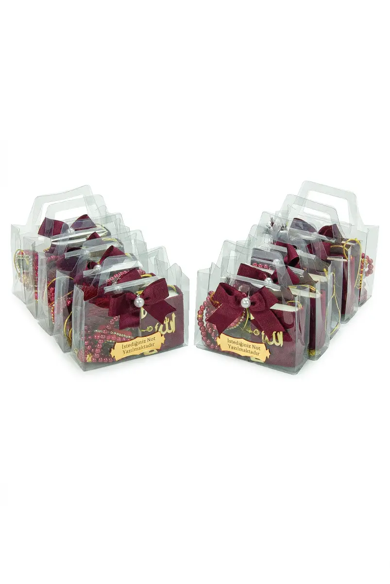 10 Adet İsme Özel Çantalı Mevlüt Hediyelik - Zikirmatik Tesbih Mini Kuranı Kerim Seti - Bordo - 2
