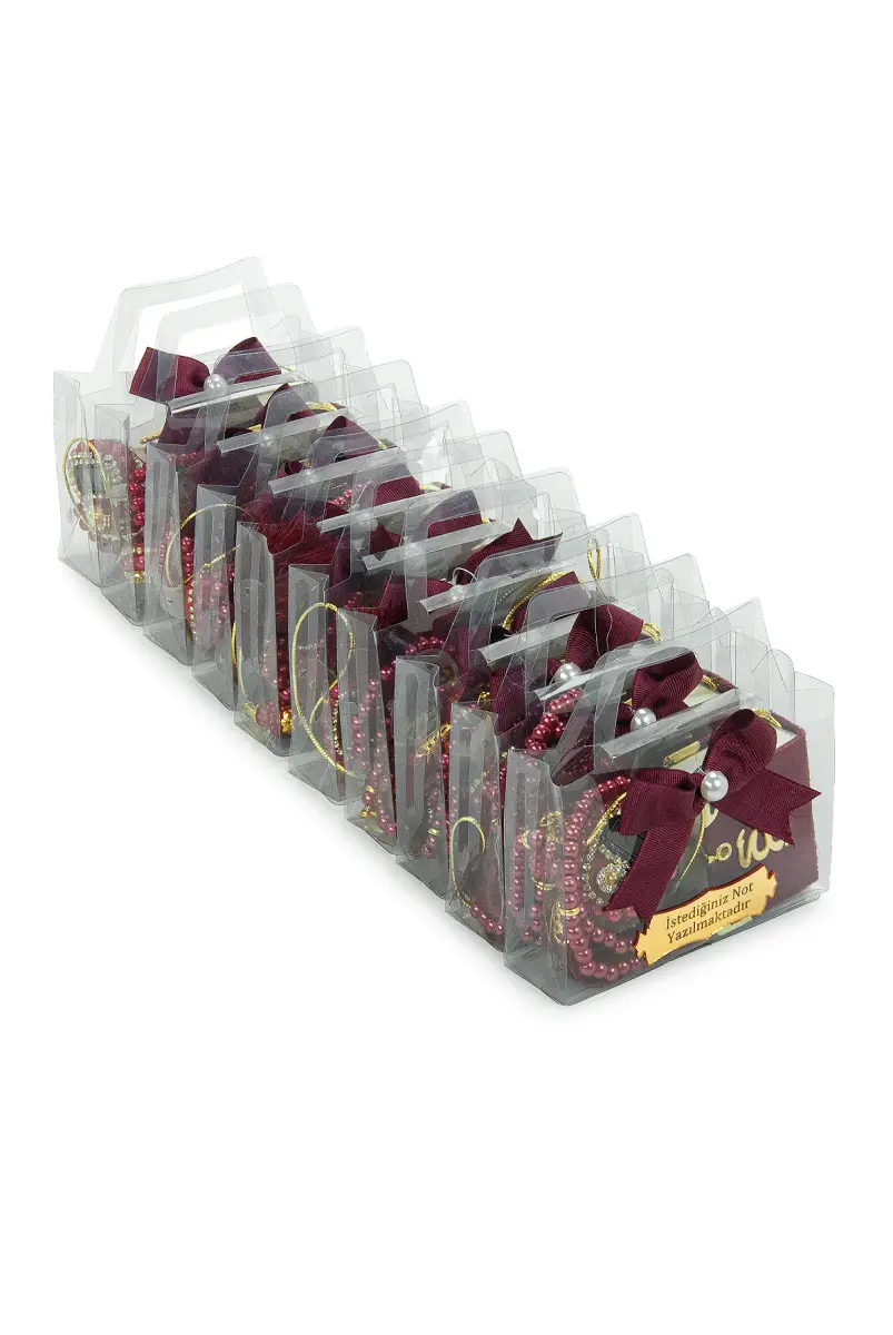 10 Adet İsme Özel Çantalı Mevlüt Hediyelik - Zikirmatik Tesbih Mini Kuranı Kerim Seti - Bordo - 3