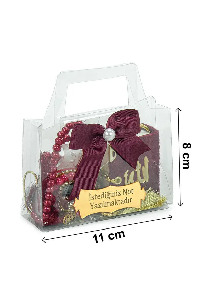 10 Adet İsme Özel Çantalı Mevlüt Hediyelik - Zikirmatik Tesbih Mini Kuranı Kerim Seti - Bordo - 4