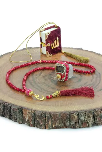 10 Adet İsme Özel Çantalı Mevlüt Hediyelik - Zikirmatik Tesbih Mini Kuranı Kerim Seti - Bordo - 5